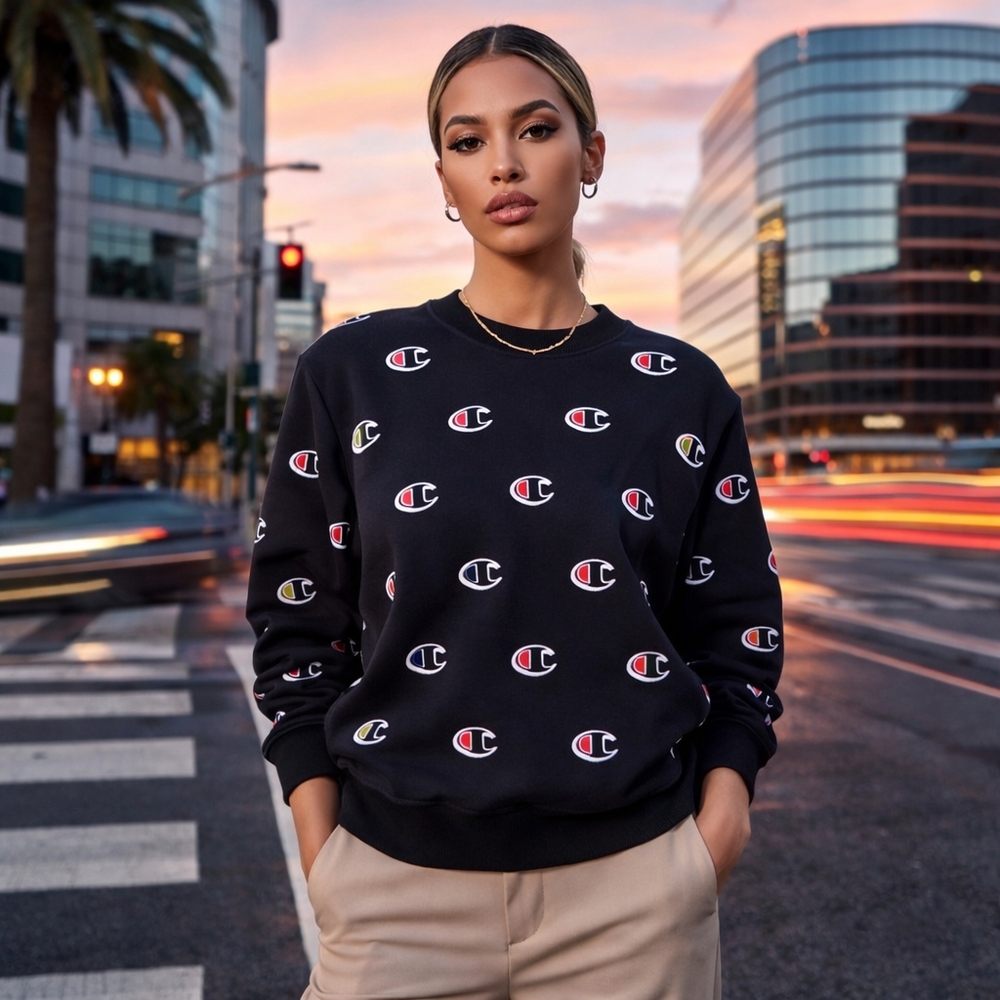 Champion All Over Logo Cotton Blend Crewneck Sweater Black Athletic Pullover